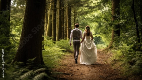 bride and groom walking in forest