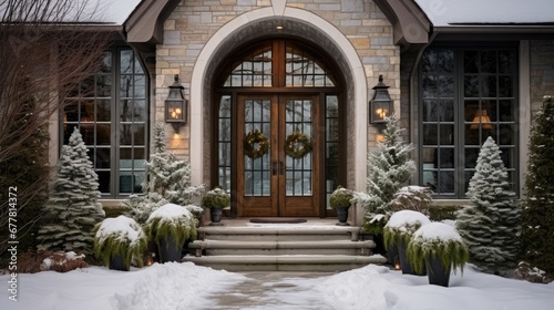  a front door of a house with snow on the ground and evergreens in front of the door and steps.