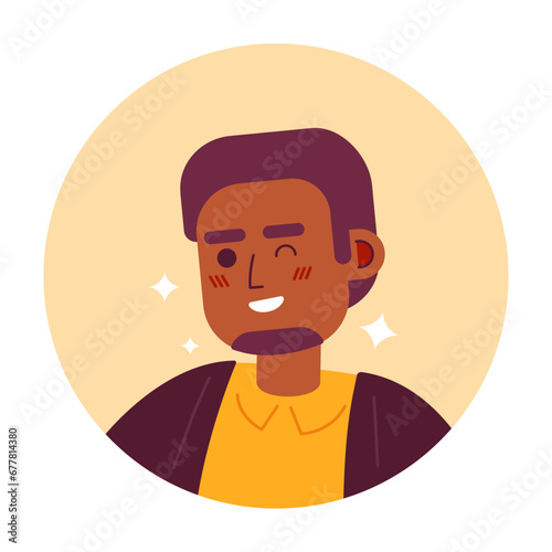 Bearded black man winking smiling 2D vector avatar illustration. African american adult sparkling cartoon character face portrait. Friendly flirty guy flat color user profile image isolated on white