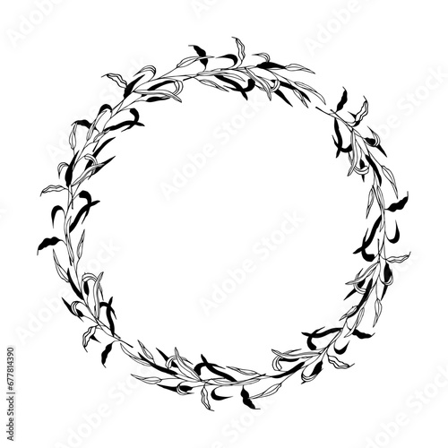 Floral circle frame  line art hand drawn eucalyptus leaves wreath  vector illustration for card or wedding invitation. Isolated on white background