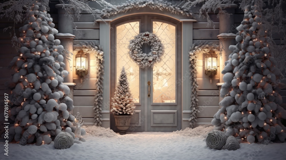  a house decorated for christmas with a wreath and wreath on the front door and a wreath on the side of the door.