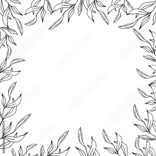 Floral eucalyptus square banner frame  line art hand drawn eucalyptus leaves  vector wreath illustration for card or wedding invitation. Isolated on white background