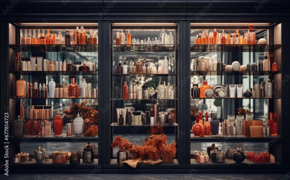 Organized Beauty and Cosmetic Products Display in Glass Cabinets