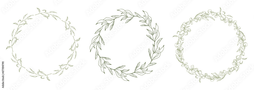 Floral circle frame set, line art hand drawn eucalyptus leaves wreath, vector illustration for card or wedding invitation. Isolated on white background