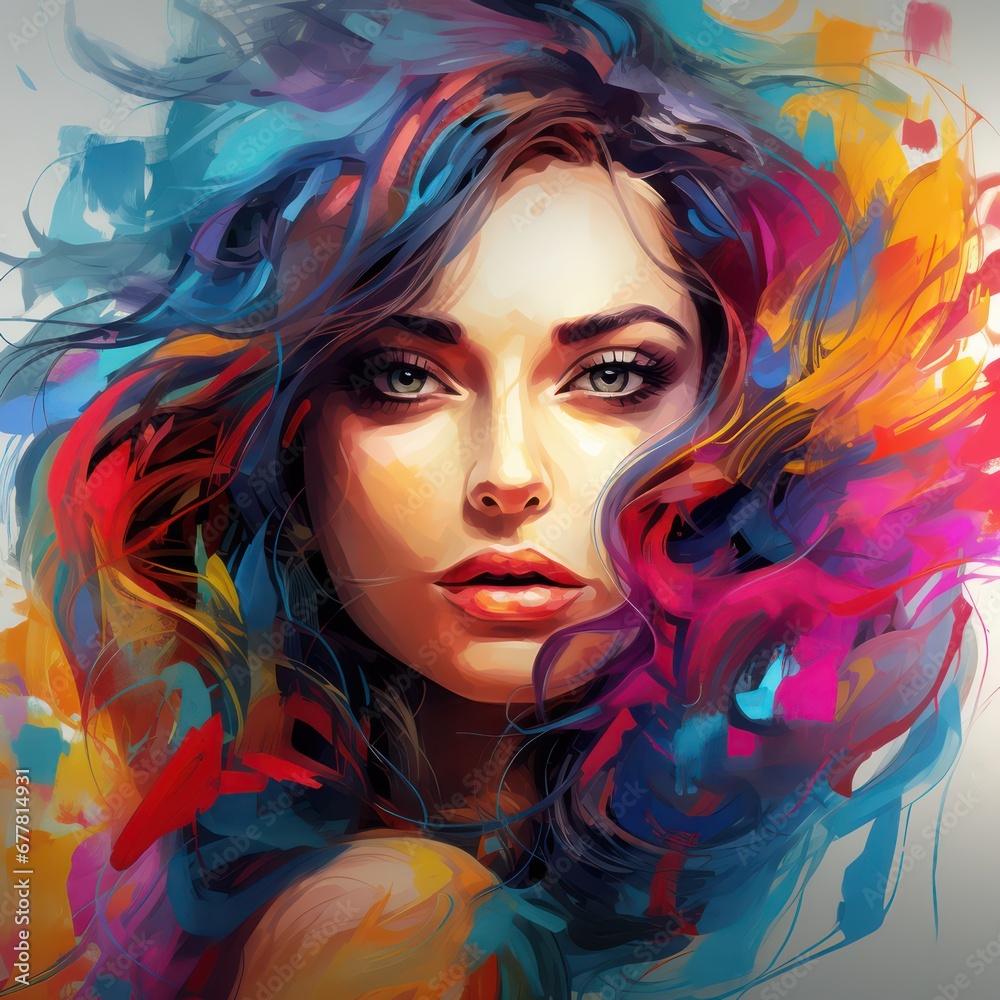 Colorful beautiful girl or woman splash painting art style for t-shirt clipart design, pop art style