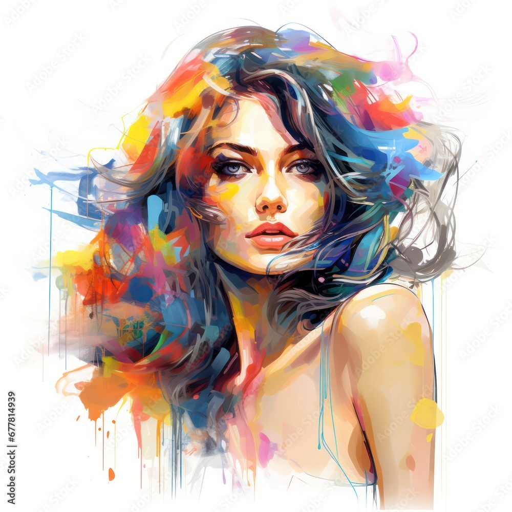 Colorful beautiful girl or woman splash painting art style for t-shirt clipart design, pop art style