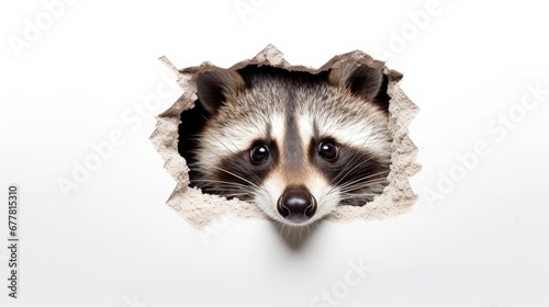  a raccoon pokes its head out of a hole in a sheet of paper that has been torn open to reveal a picture of a raccoon's face.