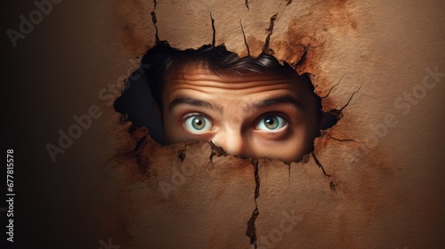  a man looking through a hole in a wall, with his eyes wide open and his mouth slightly agape His face is framed by the crack in the wall, and his expression is one