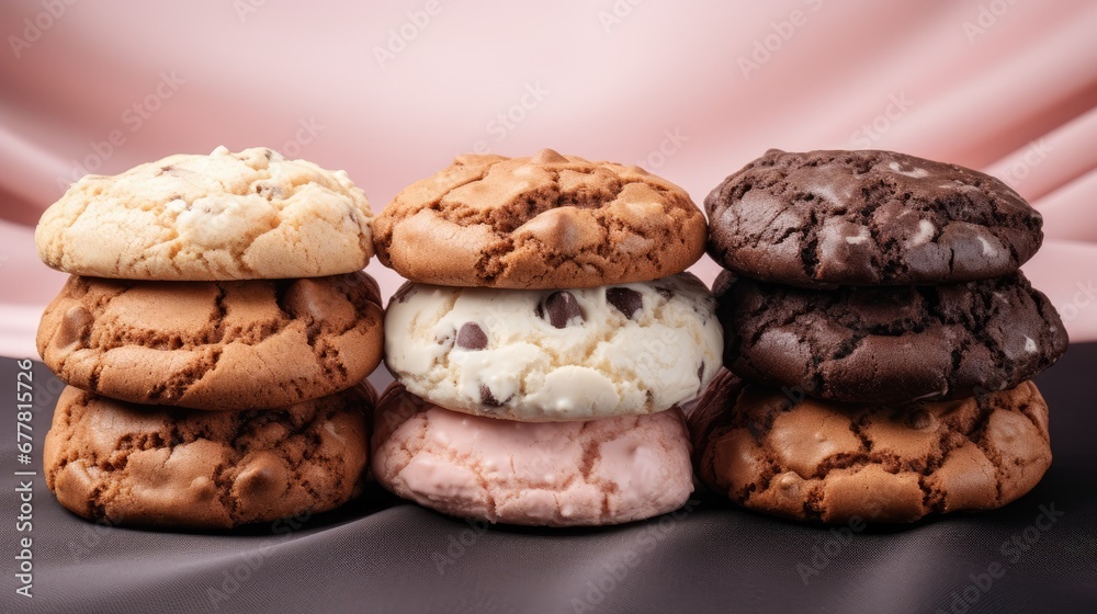 a pile of cookies and ice cream sitting next to each other on top of a black counter top next to a pink wall. a pile of cookies and ice cream sitting next to each other on top of a black counter top next to a pink wall.