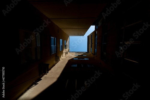 Scenic view of the sky seen through tall residential builidngs photo