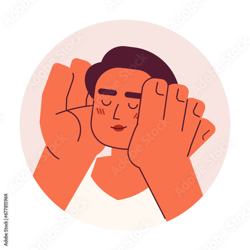 Pretty latina hands on cheeks smiling 2D vector avatar illustration. Adult hispanic lady cupping face happily cartoon character face portrait. In love flat color user profile image isolated on white