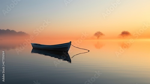  a small boat floating on top of a lake next to a tree in the middle of a foggy sky.