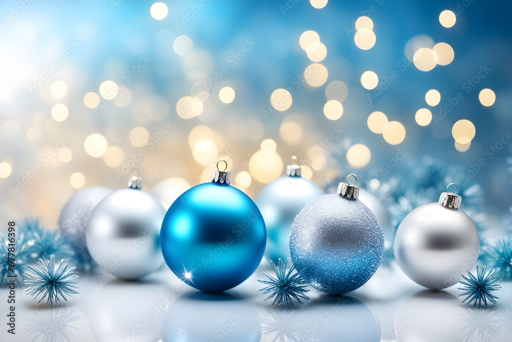 Obraz premium New Year's background, New Year's decor: blue balls on a blue background with bokeh