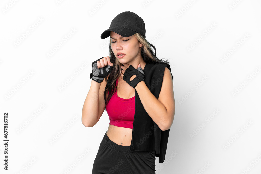 Sport Russian girl with hat and towel isolated on white background is suffering with cough and feeling bad Sport Russian girl with hat and towel isolated on white background is suffering with cough and feeling bad