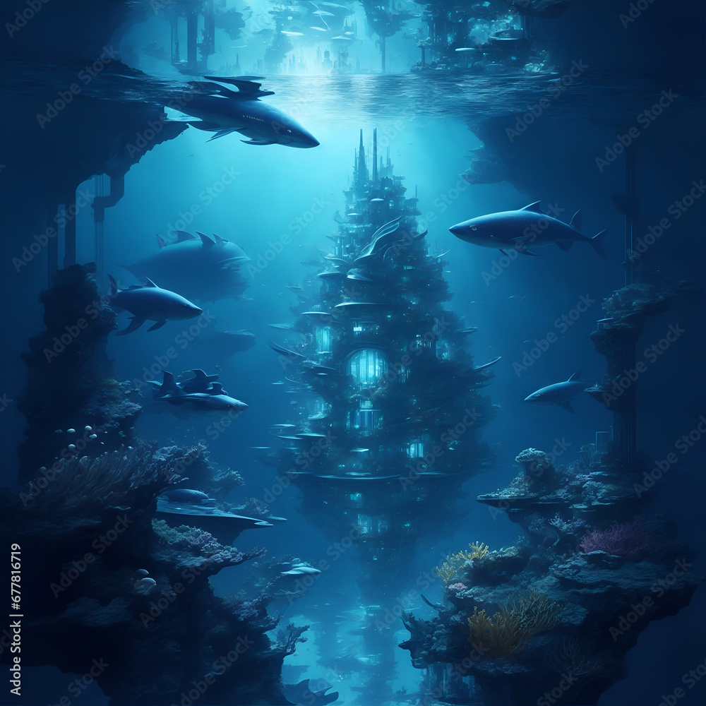 Fototapeta premium An image of a subaquatic city with various houses in the deep ocean, blending futuristic architecture with a variety of exotic marine life.