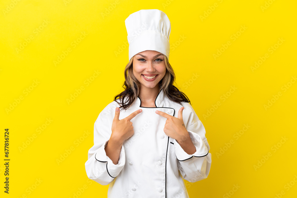 Young Russian chef girl isolated on yellow background with surprise facial expression Young Russian chef girl isolated on yellow background with surprise facial expression