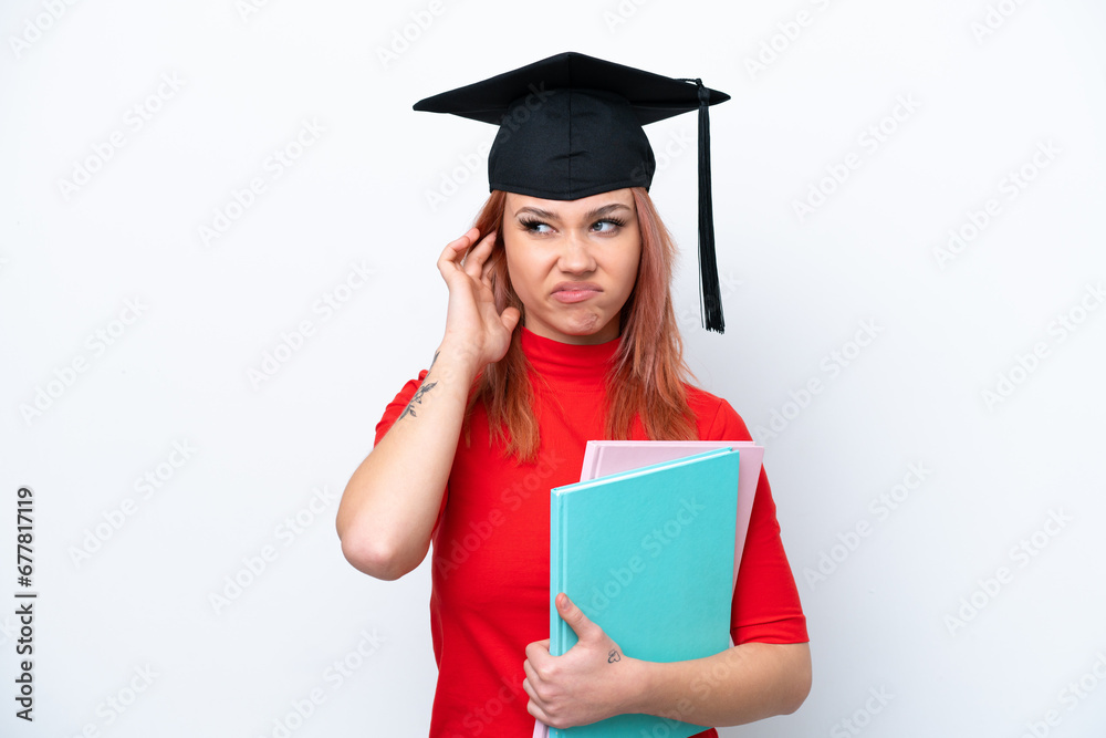 Young student Russian girl isolated on white background frustrated and covering ears Young student Russian girl isolated on white background frustrated and covering ears