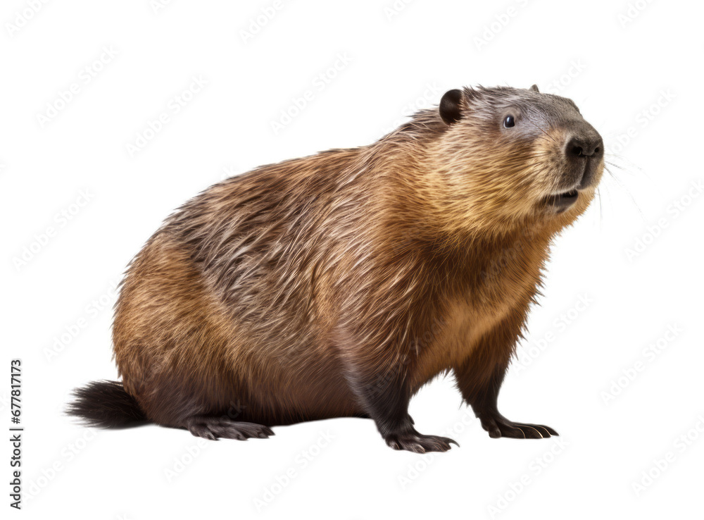 Large nutria stands side ways and looking to camera. Myocastor coypus Isolated on a white background. Brown wild animal close up Large nutria stands side ways and looking to camera. Myocastor coypus Isolated on a white background. Brown wild animal close up