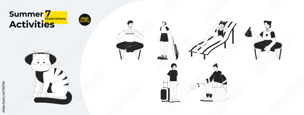Fototapeta premium Summertime people black and white cartoon flat illustration bundle. Summer travelers diverse 2D lineart characters isolated. Vacation abroad, camping picnic monochrome vector outline image collection