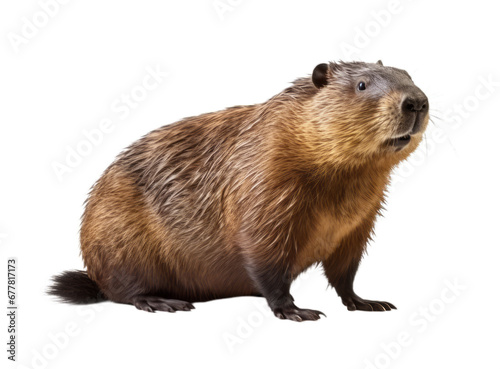 Large nutria stands side ways and looking to camera. Myocastor coypus Isolated on a white background. Brown wild animal close up