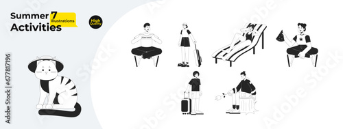 Summertime people black and white cartoon flat illustration bundle. Summer travelers diverse 2D lineart characters isolated. Vacation abroad, camping picnic monochrome vector outline image collection