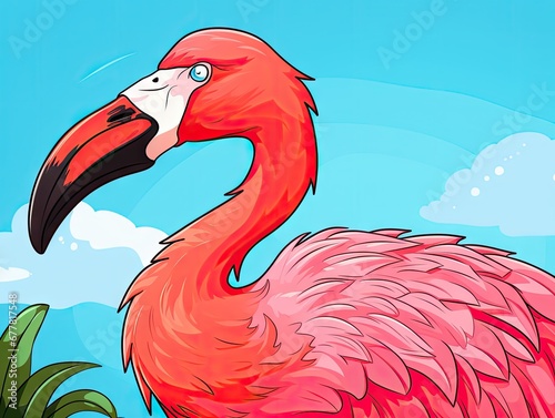  a pink flamingo standing in front of a blue sky with clouds and a plant in the foreground and a blue sky with clouds and blue sky in the background.