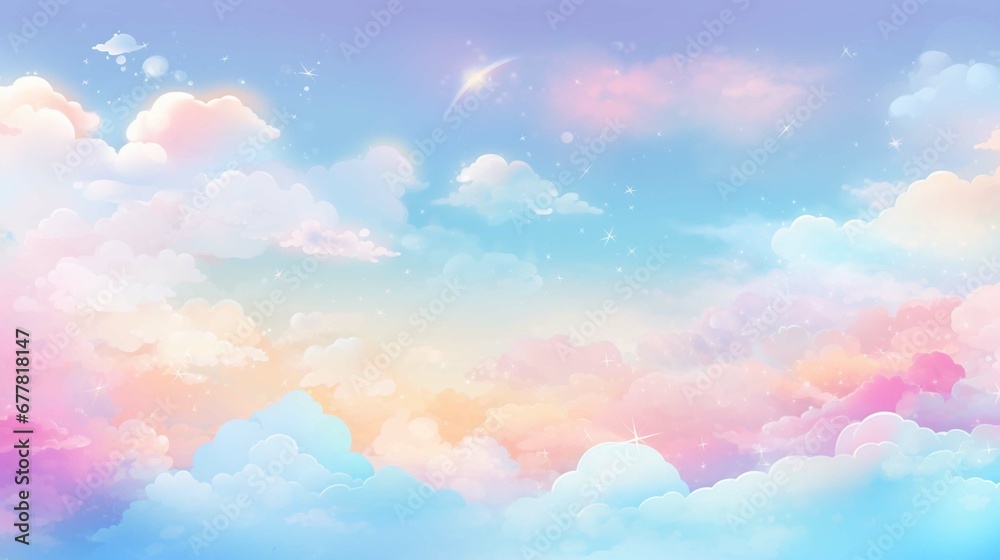 Abstract kawaii Cloudy Colorful Sky background. Soft gradient pastel Comic graphic. Concept for wedding card design or presentation