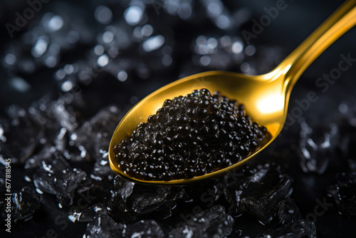 Black caviar in golden spoon. Texture of expensive luxury caviar over dark background. Generative AI