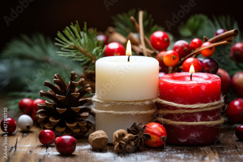 Winter candles with rustic designs and apples. Generative AI