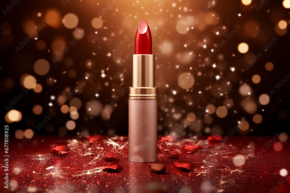 Glamorous red lipstick tube on sparkling holiday background. Generative AI - obrazy, fototapety, plakaty 