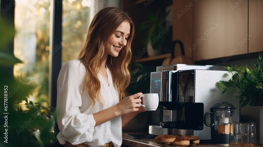 Woman using coffee machine to make big mug of coffee at home. Woman wearing silk robe at home while preparing a latte Woman using coffee machine to make big mug of coffee at home. Woman wearing silk robe at home while preparing a latte