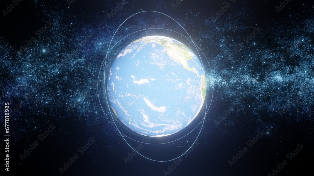 Fototapeta premium Space view of planet Earth covered with digital connections among artificial satellites transmitting data