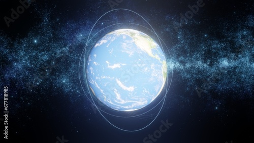 Space view of planet Earth covered with digital connections among artificial satellites transmitting data