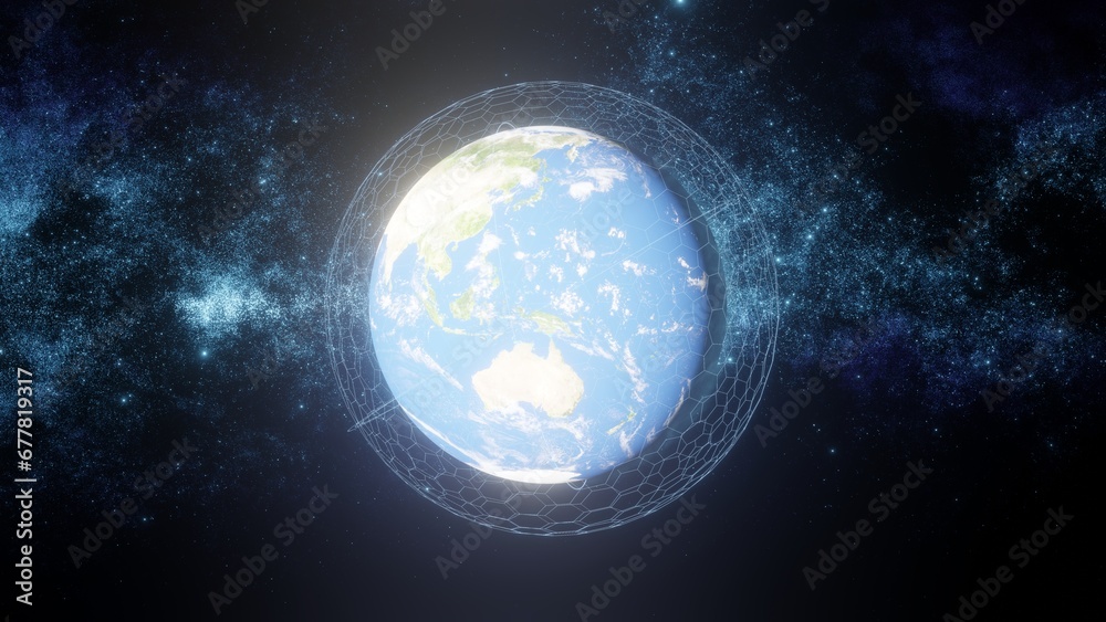 Fototapeta premium Space view of planet Earth covered with digital connections among artificial satellites transmitting data
