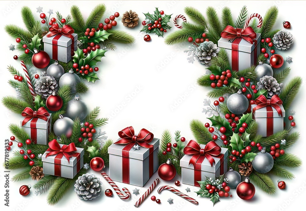 Vibrant Christmas frame with red and silver ornaments, holly berries, pine cones, and gifts. Generative AI. Generative AI.
