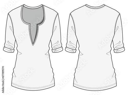 Cut U-Neck Rolled Up Sleeve Slim Fit Blouse Top  Front and Back View. Fashion Illustration, Vector, CAD, Technical Drawing, Flat Drawing, Template, Mockup.