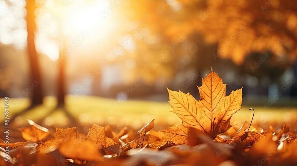 Autumn leaves on the sun and blurred trees. Fall background