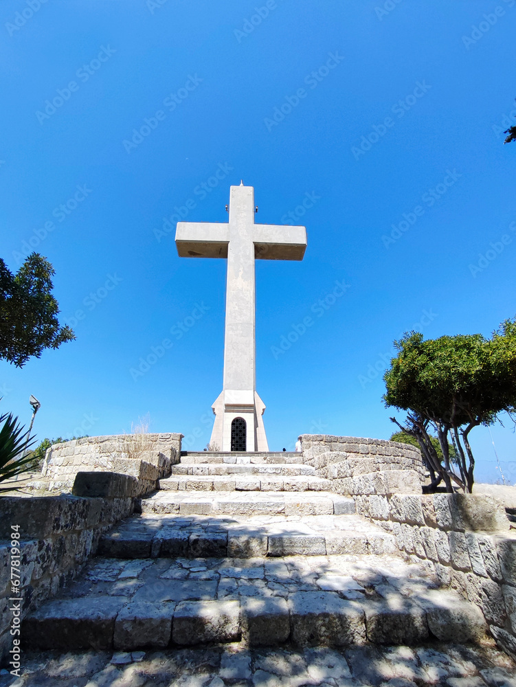 The huge concrete Cross on the top of the mount Filerimos, Rhodes island, Greece.