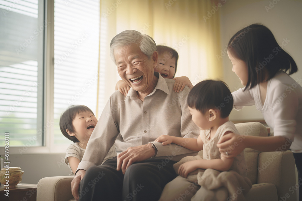 An Asian grandfather surrounded by his four grandchildren, tickling him to make him laugh. The elderly man enjoys his granddaughters in the living room, sharing time together. An Asian grandfather surrounded by his four grandchildren, tickling him to make him laugh. The elderly man enjoys his granddaughters in the living room, sharing time together.