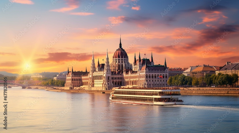 Old pleasure boats on Dunnage river with Parliament house on background. Stunning summer cityscape of Budapest. Amazing sunset in Hungary, Europe. Traveling concept background