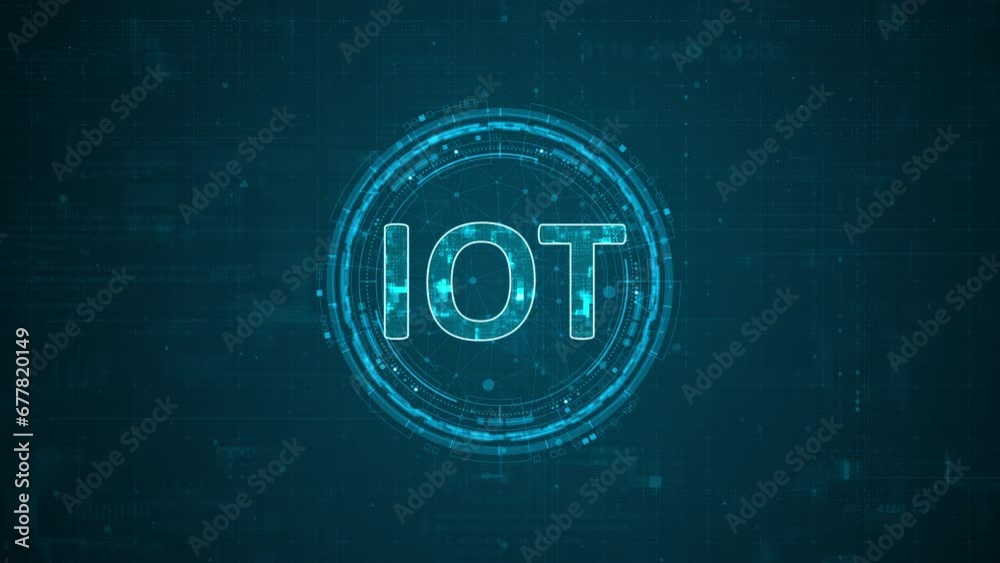 Motion graphic of Blue digital IOT letter and circle futuristic HUD elements with flowing arrows with internet of things concepts on abstract background	