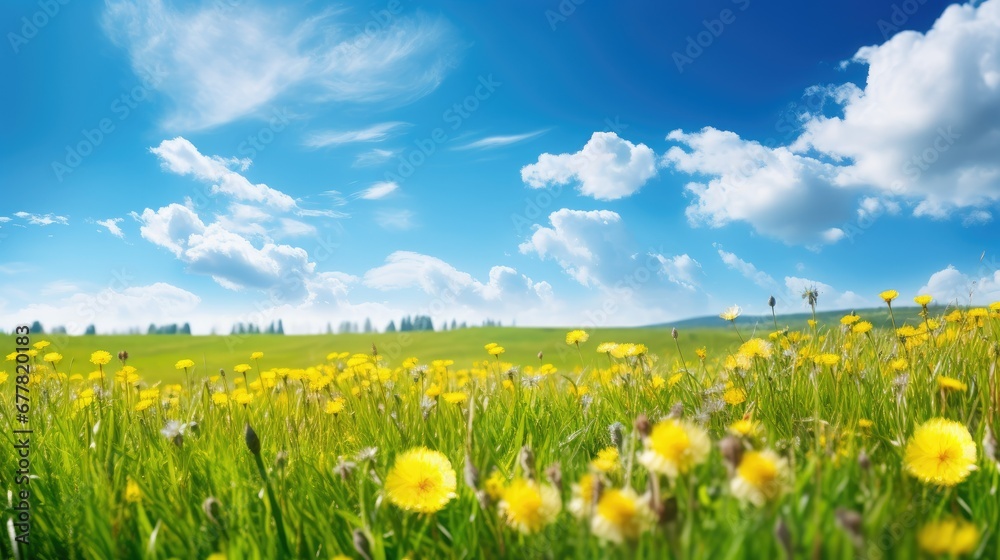 Beautiful meadow field with fresh grass and yellow dandelion flowers in nature against a blurry blue sky with clouds