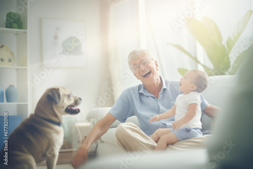 A grandfather has fun and enjoys taking care of his grandson while relaxing in the living room armchair, with the pet by his side.