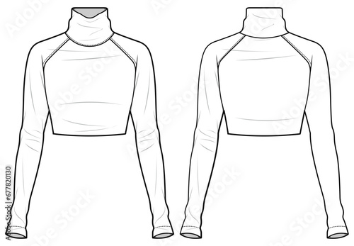 High Neck Raglan Long Sleeve Knit Crop T-Shirt Top, Turtleneck Long Sleeve Crop Tee Front and Back View. Fashion Illustration, Vector, CAD, Technical Drawing, Flat Drawing, Template, Mockup.