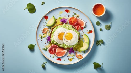  a plate of food with eggs, avocado, tomatoes, cucumbers, and other toppings.
