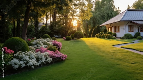 Beautiful manicured lawn and flowerbed with shrubs in sunshine residential house backyard background 