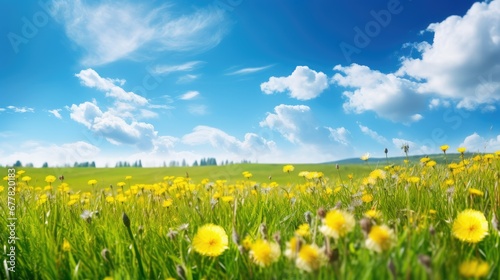 Beautiful meadow field with fresh grass and yellow dandelion flowers in nature against a blurry blue sky with clouds