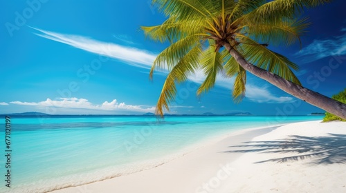 Beautiful palm tree on tropical island beach on background blue sky with white clouds and turquoise ocean on sunny day