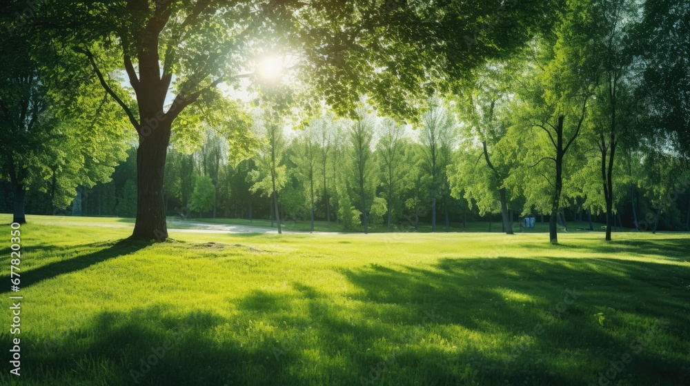 Beautiful summer landscape with green foliage in the park