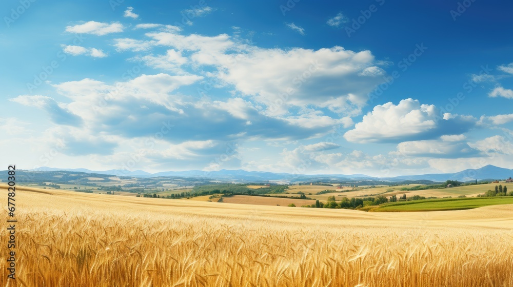 Beautiful summer rural natural landscape with ripe wheat fields, blue sky with clouds on warm day.